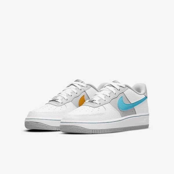 Kids' Nike Air Force 1 EMB Older Trainers White / Grey / Turquoise Blue | NK634RAS