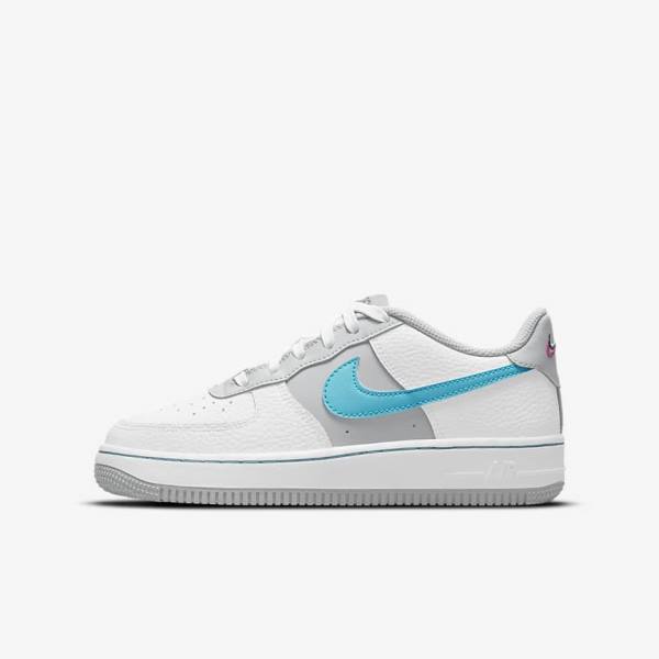 Kids\' Nike Air Force 1 EMB Older Trainers White / Grey / Turquoise Blue | NK634RAS