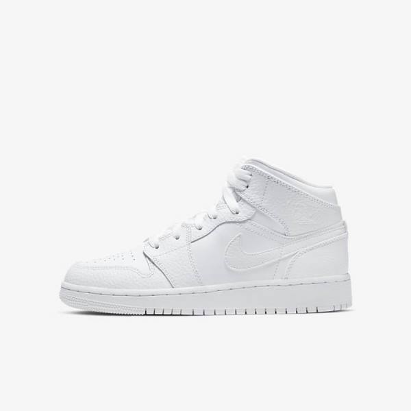 Kids\' Nike Air Jordan 1 Mid Older Trainers White | NK590GMT