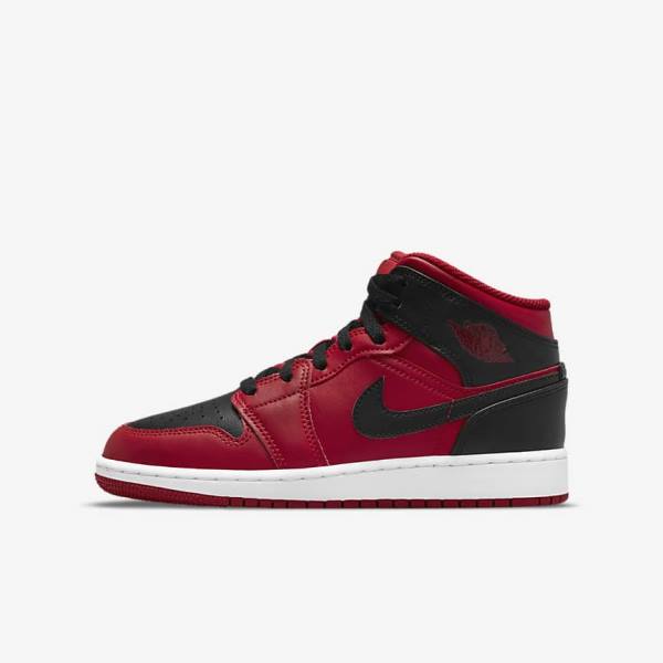 Kids\' Nike Air Jordan 1 Mid Older Trainers Red / White / Black | NK817VRC