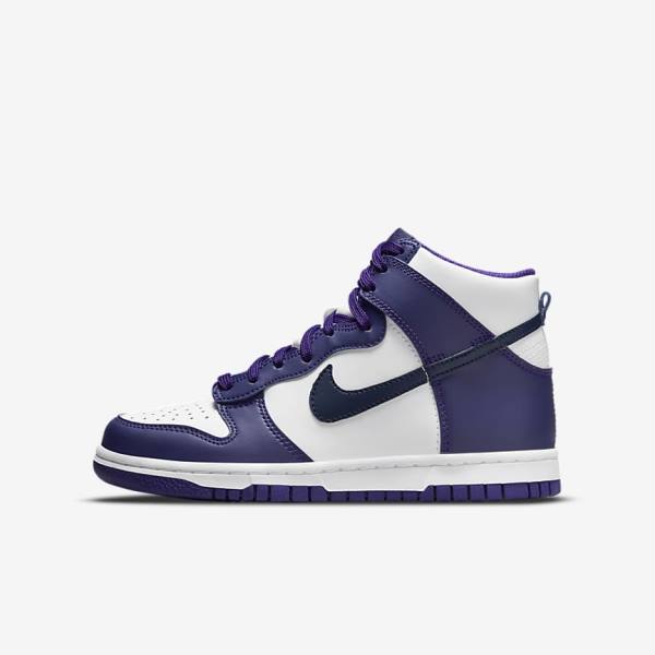 Kids\' Nike Dunk High Older Trainers White / Purple / Navy | NK908CBQ