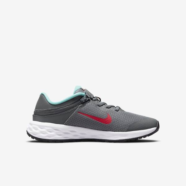 Kids' Nike Revolution 6 FlyEase Older Easy On-Off Road Running Shoes Grey / Turquoise / Red | NK086GBE