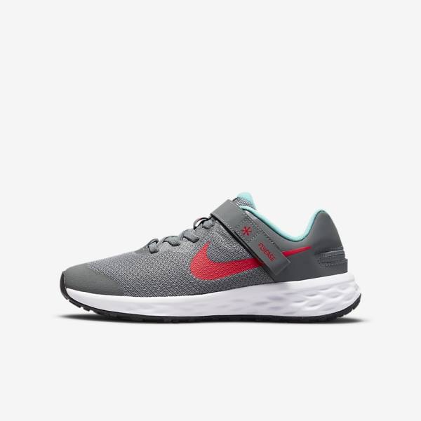 Kids\' Nike Revolution 6 FlyEase Older Easy On-Off Road Running Shoes Grey / Turquoise / Red | NK086GBE