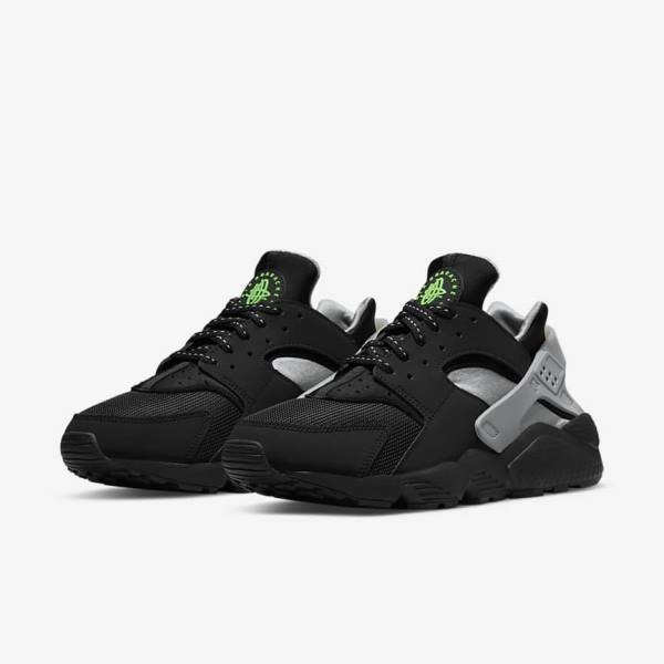 Men's Nike Air Huarache Trainers Black / Metal Silver / Silver / Green | NK920DOQ