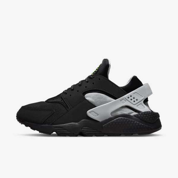 Men\'s Nike Air Huarache Trainers Black / Metal Silver / Silver / Green | NK920DOQ