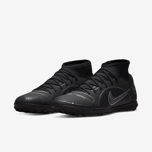 Men's Nike Mercurial Superfly 8 Club TF Turf Football Shoes Black / Grey / Metal Silver | NK319RPH