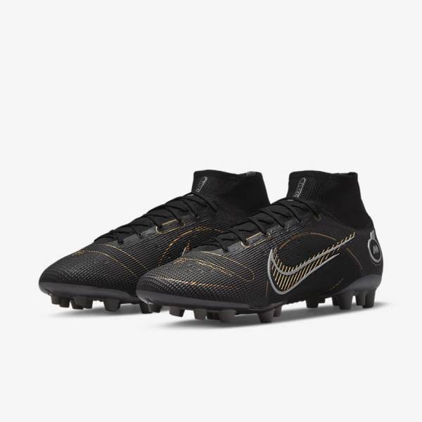 Men's Nike Mercurial Superfly 8 Elite AG Artificial-Grasss Football Shoes Black / Metal Silver / Grey / Metal Gold | NK824PNI