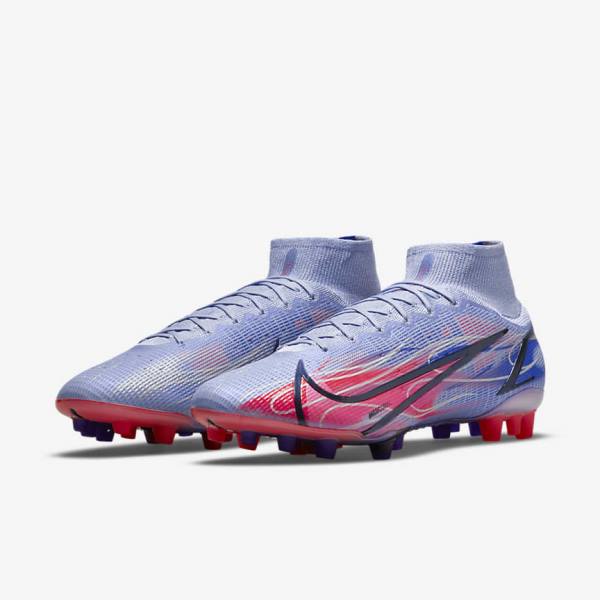 Men's Nike Mercurial Superfly 8 Elite KM AG Artificial-Grass Football Shoes Indigo / Light Red / Metal Silver | NK681YUE