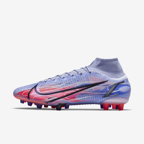 Men\'s Nike Mercurial Superfly 8 Elite KM AG Artificial-Grass Football Shoes Indigo / Light Red / Metal Silver | NK681YUE