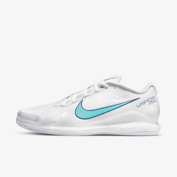 Men\'s Nike NikeCourt Air Zoom Vapor Pro Clay Court Tennis Shoes White / Light Beige / Royal Blue / Turquoise | NK096NQL