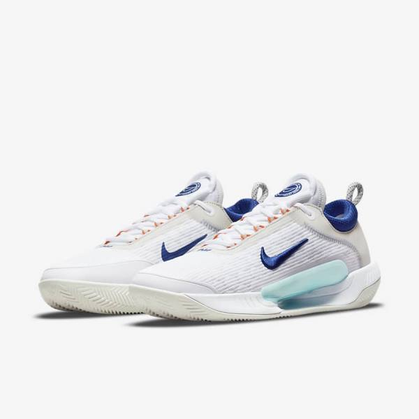 Men's Nike NikeCourt Zoom NXT Clay Court Tennis Shoes White / Light Beige / Turquoise / Royal Blue | NK605BLD