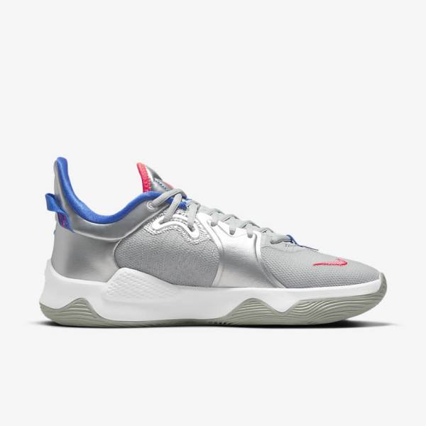 Men's Nike PG 5 Basketball Shoes Metal Silver / Royal / Red | NK193UYD