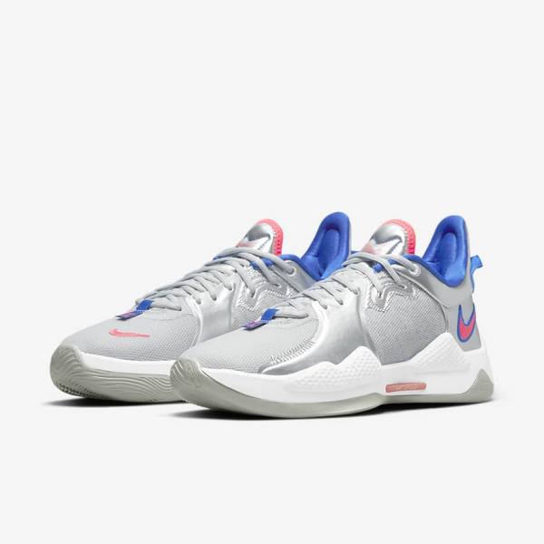 Men's Nike PG 5 Basketball Shoes Metal Silver / Royal / Red | NK193UYD