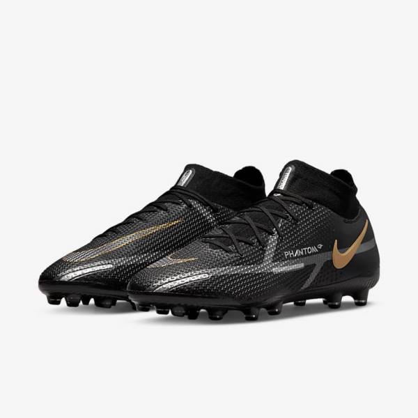 Men's Nike Phantom GT2 Dynamic Fit Elite AG-Pro Artificial-Grass Football Shoes Black / Metal Gold / Metal Silver / Metal Dark Grey | NK250RIH