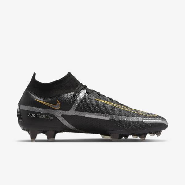 Men's Nike Phantom GT2 Dynamic Fit Elite FG Firm-Ground Football Shoes Black / Metal Gold / Metal Silver / Metal Dark Grey | NK872HDP