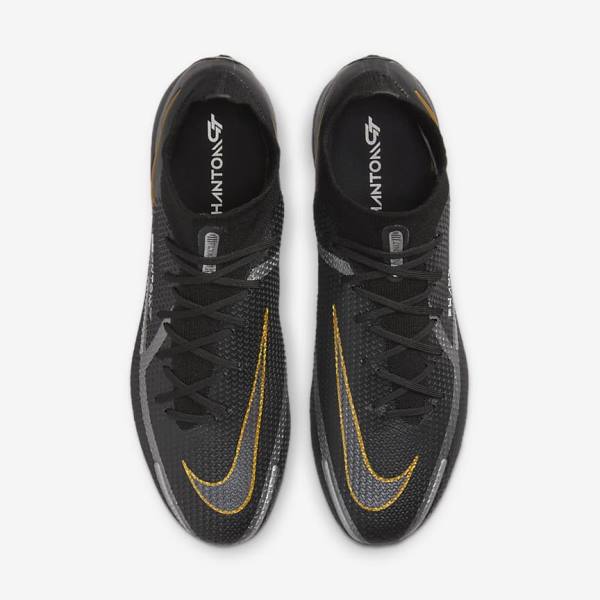 Men's Nike Phantom GT2 Dynamic Fit Elite FG Firm-Ground Football Shoes Black / Metal Gold / Metal Silver / Metal Dark Grey | NK872HDP