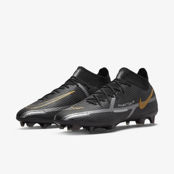 Men's Nike Phantom GT2 Dynamic Fit Elite FG Firm-Ground Football Shoes Black / Metal Gold / Metal Silver / Metal Dark Grey | NK872HDP