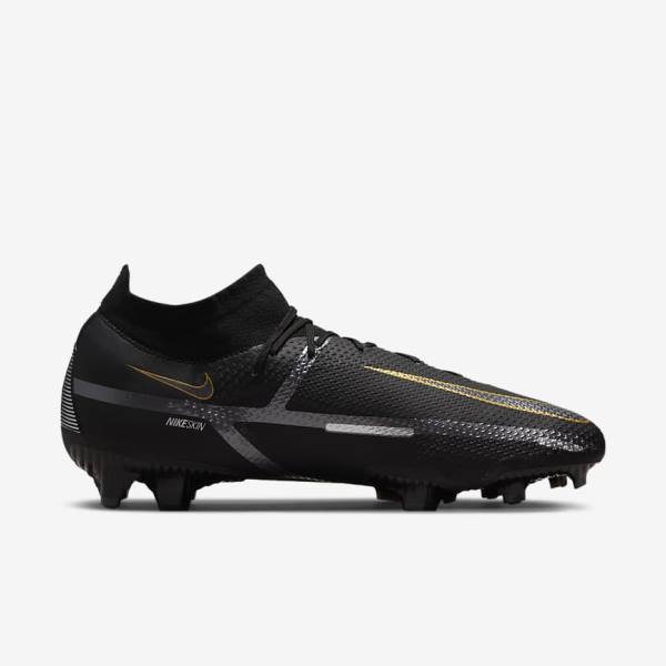 Men's Nike Phantom GT2 Pro Dynamic Fit FG Firm-Ground Football Shoes Black / Metal Gold / Metal Silver / Metal Dark Grey | NK524HZF