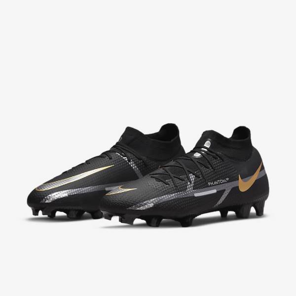 Men's Nike Phantom GT2 Pro Dynamic Fit FG Firm-Ground Football Shoes Black / Metal Gold / Metal Silver / Metal Dark Grey | NK524HZF