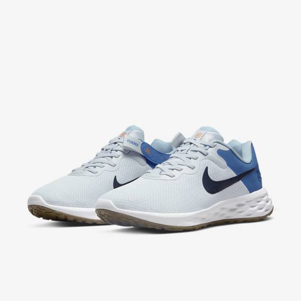 Men's Nike Revolution 6 FlyEase Next Nature Easy-On-And-Off Road (Extra Wide) Running Shoes Platinum / Dark Blue / Blue | NK179HSP