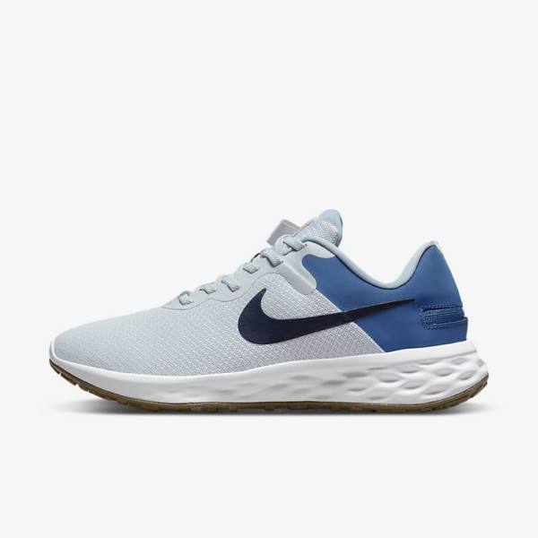 Men\'s Nike Revolution 6 FlyEase Next Nature Easy-On-And-Off Road (Extra Wide) Running Shoes Platinum / Dark Blue / Blue | NK179HSP