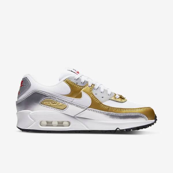 Women's Nike Air Max 90 SE Trainers White / Metal Gold / Metal Silver / White | NK382NXO