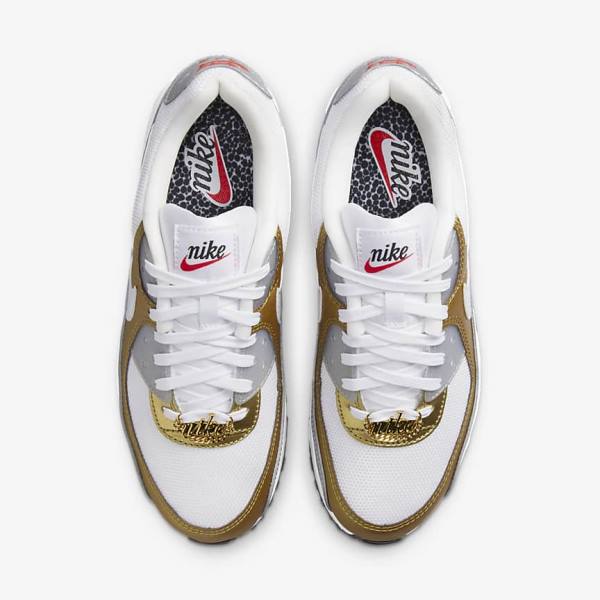 Women's Nike Air Max 90 SE Trainers White / Metal Gold / Metal Silver / White | NK382NXO