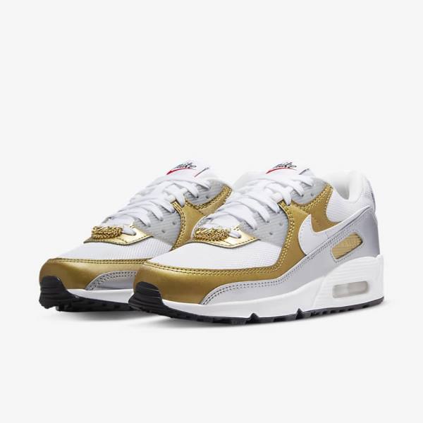 Women's Nike Air Max 90 SE Trainers White / Metal Gold / Metal Silver / White | NK382NXO