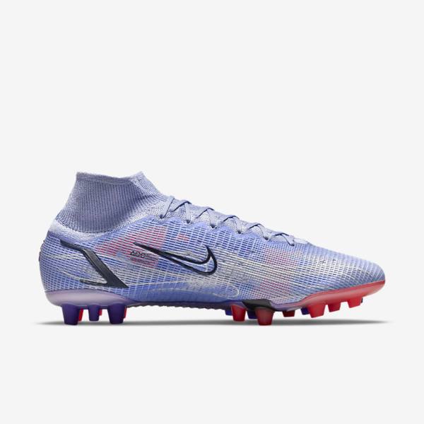 Women's Nike Mercurial Superfly 8 Elite KM AG Artificial-Grass Football Shoes Indigo / Light Red / Metal Silver | NK304RTH