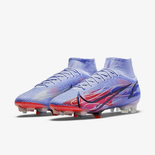 Women's Nike Mercurial Superfly 8 Elite KM FG Firm-Ground Football Shoes Indigo / Light Red / Metal Silver | NK780BOJ