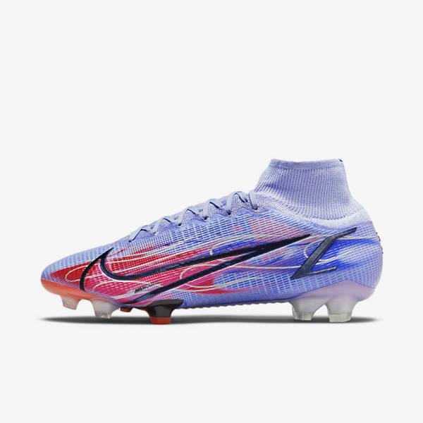 Women\'s Nike Mercurial Superfly 8 Elite KM FG Firm-Ground Football Shoes Indigo / Light Red / Metal Silver | NK780BOJ