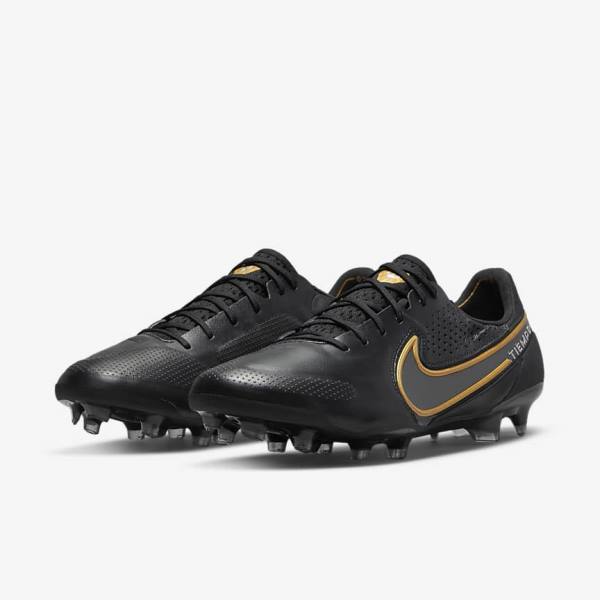 Women's Nike Tiempo Legend 9 Elite FG Firm-Ground Football Shoes Black / Dark Grey / Metal Gold / Metal Dark Grey | NK170CTU