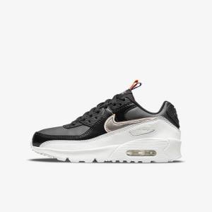 Kids' Nike Air Max 90 LTR SE Older Trainers Black / White / Metal Blue Grey | NK861QBM