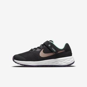 Kids' Nike Revolution 6 FlyEase Older Easy On-Off Road Running Shoes Black / Mint / Purple / Metal Red Brown | NK246CXV