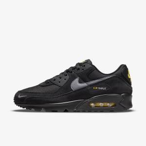 Men's Nike Air Max 90 Trainers Black / Yellow / Metal Grey | NK286UPF