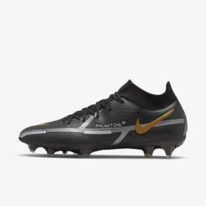 Men's Nike Phantom GT2 Dynamic Fit Elite FG Firm-Ground Football Shoes Black / Metal Gold / Metal Silver / Metal Dark Grey | NK872HDP