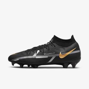 Men's Nike Phantom GT2 Pro Dynamic Fit FG Firm-Ground Football Shoes Black / Metal Gold / Metal Silver / Metal Dark Grey | NK524HZF