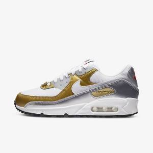 Women's Nike Air Max 90 SE Trainers White / Metal Gold / Metal Silver / White | NK382NXO