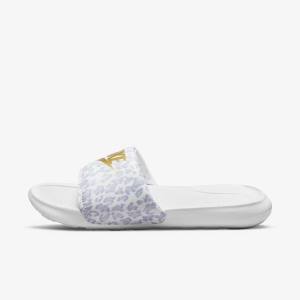 Women's Nike Victori One Print Slides White / Grey / Platinum / Metal Gold | NK356NME